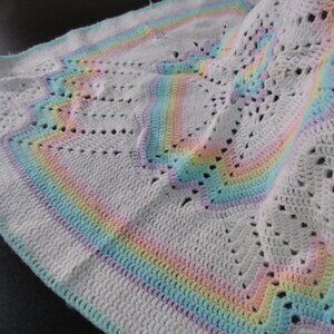 Afghan Crocheted Baby Blanket~ White~Rainbow Accents~29X29 Square~Handmade